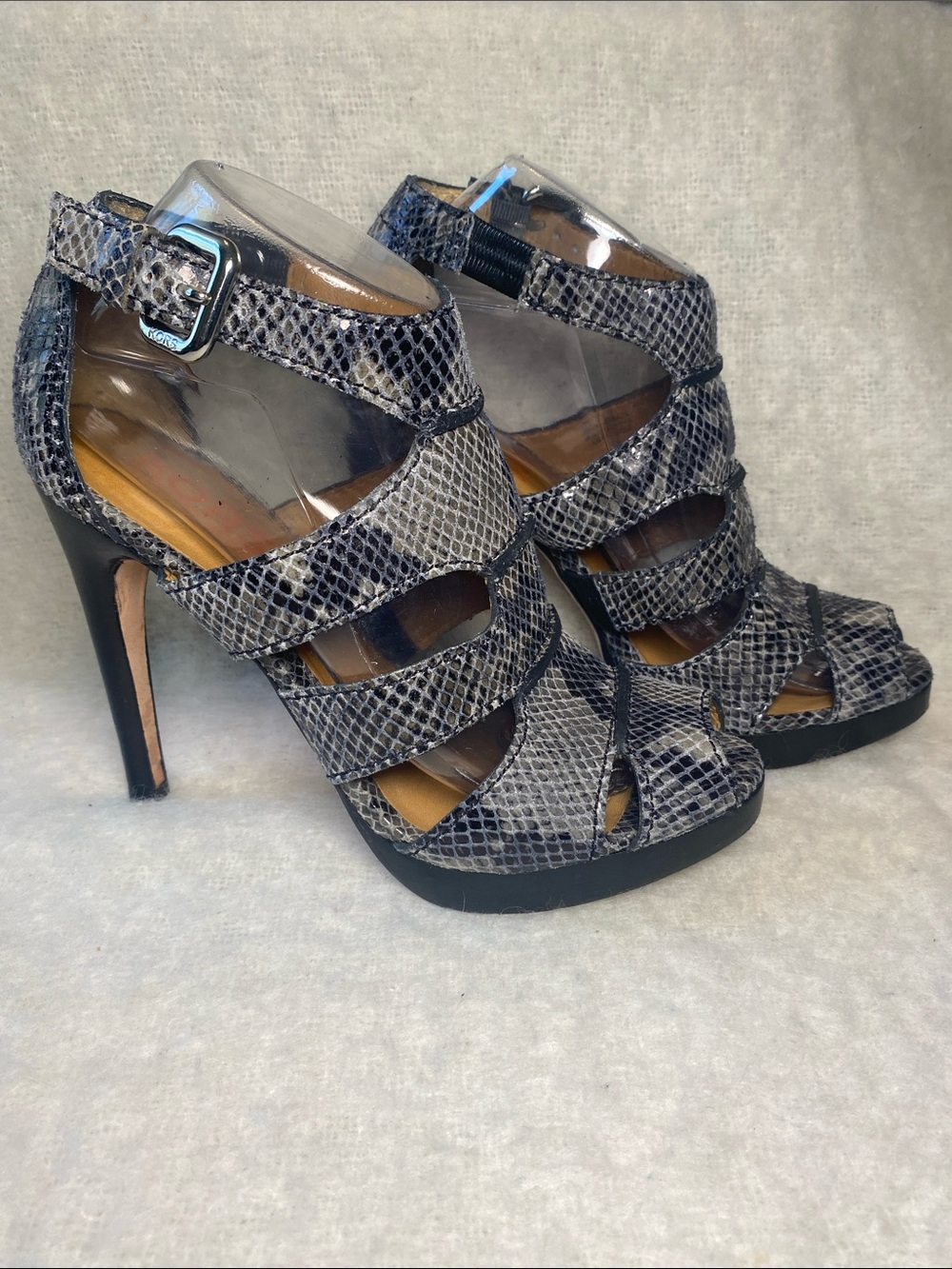 Kors Michael Kors Snake-Print Cutout Stiletto Sandals in Gray Size 9